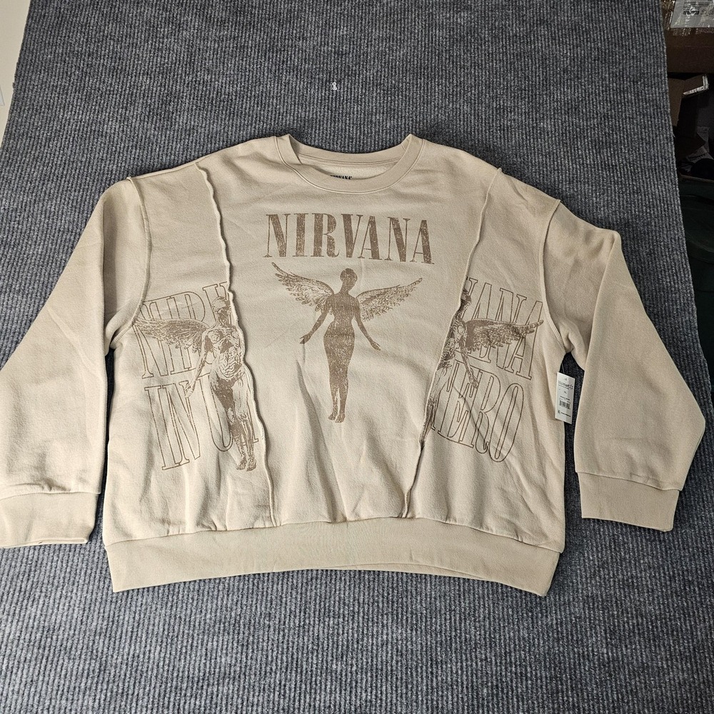 Nirvana Sweatshirt Mens 3XL Beige In Utero Angel Graphic Taupe Fleece Pullover